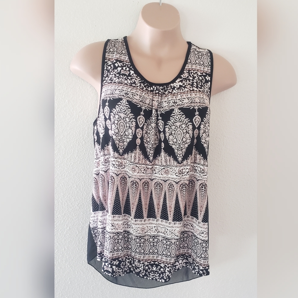 SKY PLUS Tribal Tank Top Lace Sheer Back Cut Out